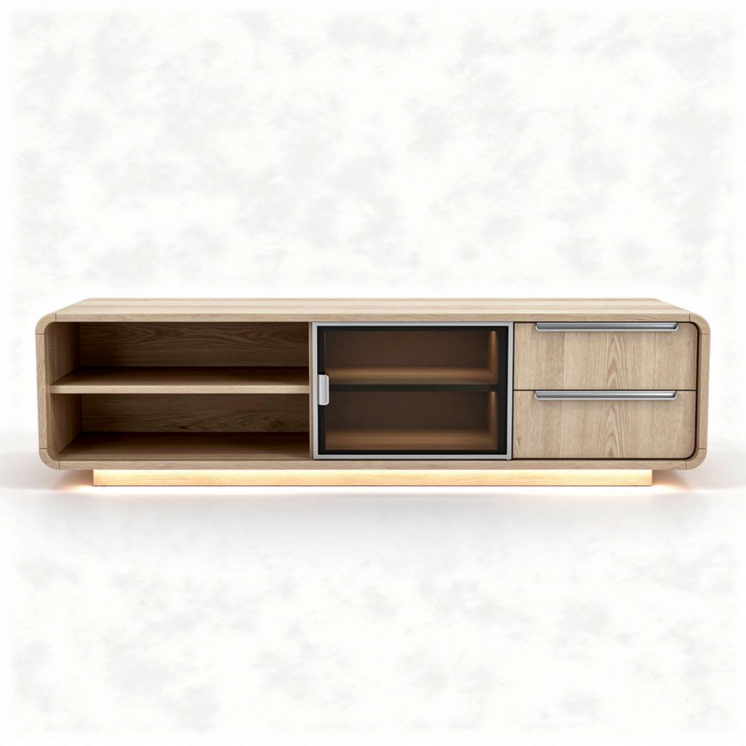 Mobile TV in legno naturale con porta in vetro e cassetto 150 x 40 x 50cm