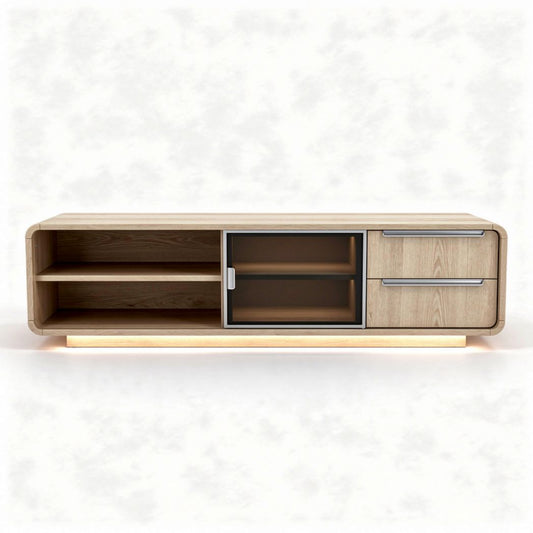 Mobile TV in legno naturale con porta in vetro e cassetto 150 x 40 x 50cm