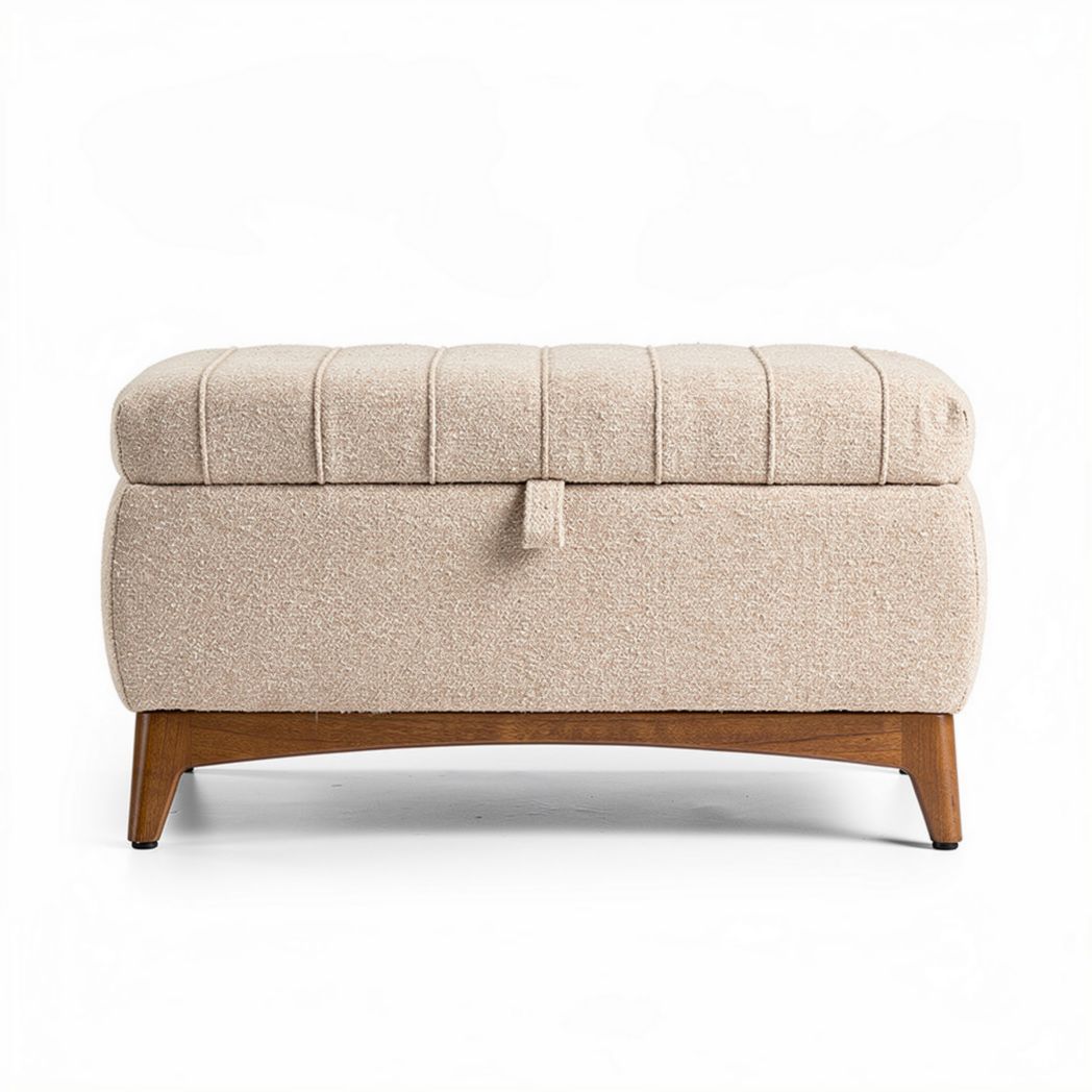 Panca contenitore imbottita in tessuto beige con gambe in legno 90 x 40 x 40cm