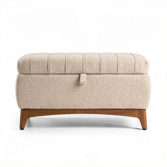 Panca contenitore imbottita in tessuto beige con gambe in legno 90 x 40 x 40cm