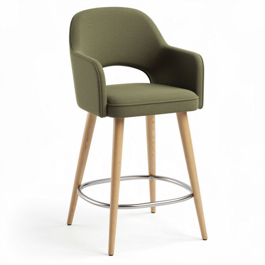 Sedia da bar in tessuto verde con gambe in legno e supporto in metallo 50 x 50 x 100cm